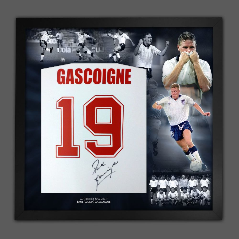    Paul Gascoigne Hand Signed And Framed White No 19 Player T-Shirt In A Pi