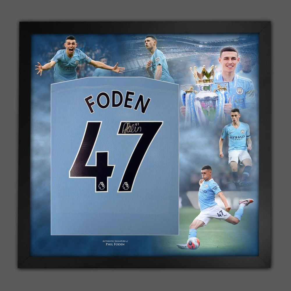    Phil Foden Signed Manchester City  Football Shirt In Framed Picture Pres