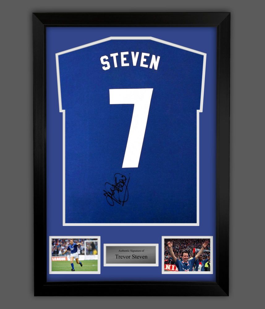     Trevor Steven Hand Signed Blue No 7 Player T-Shirt In A Framed Presenta