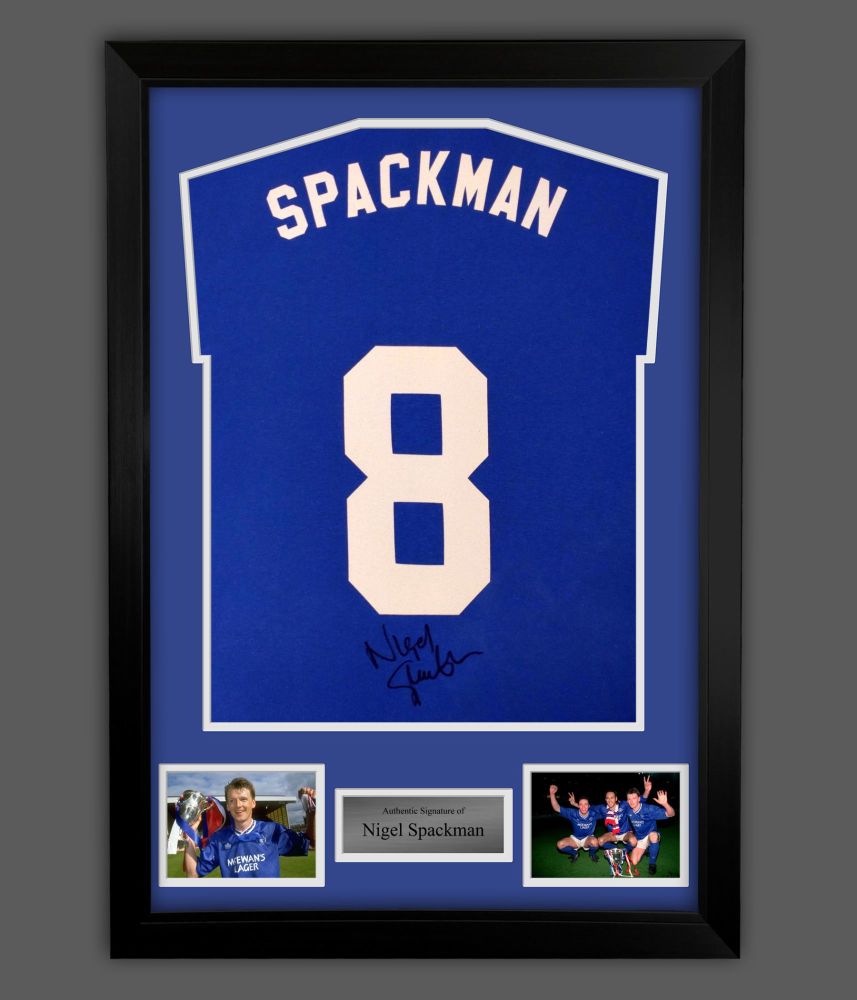     Nigel Spackman Hand Signed Blue No 8 Player T-Shirt In A Framed Present