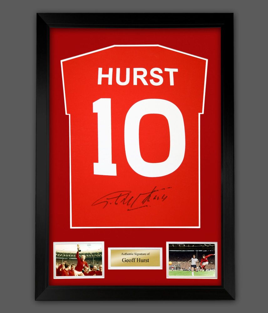 Geoff Hurst Hand Signed Red  Player T-Shirt In A Framed Presentation. Name and Number