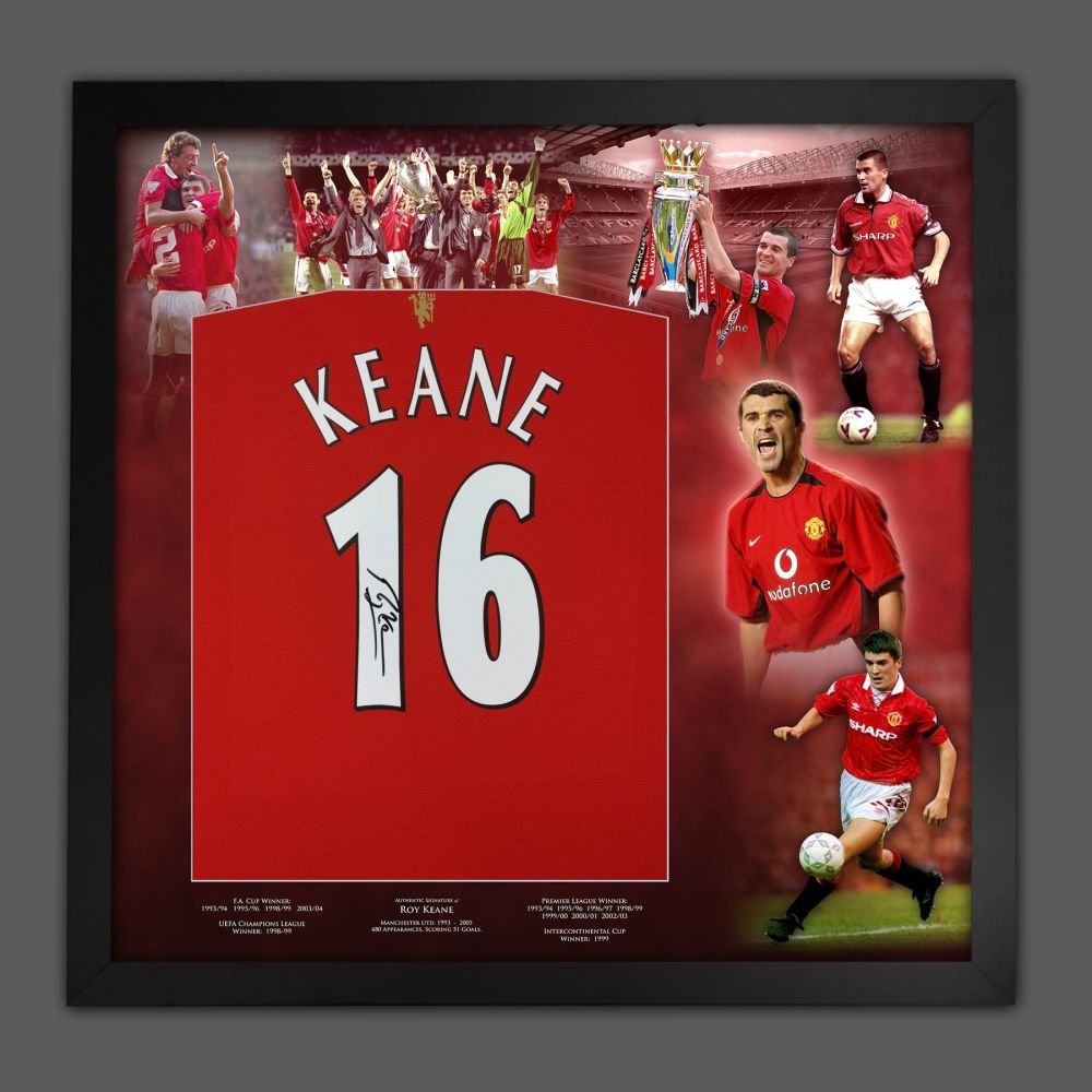 Roy Keane Signed Manchester United Football Shirt In A Picture Mount Presentation