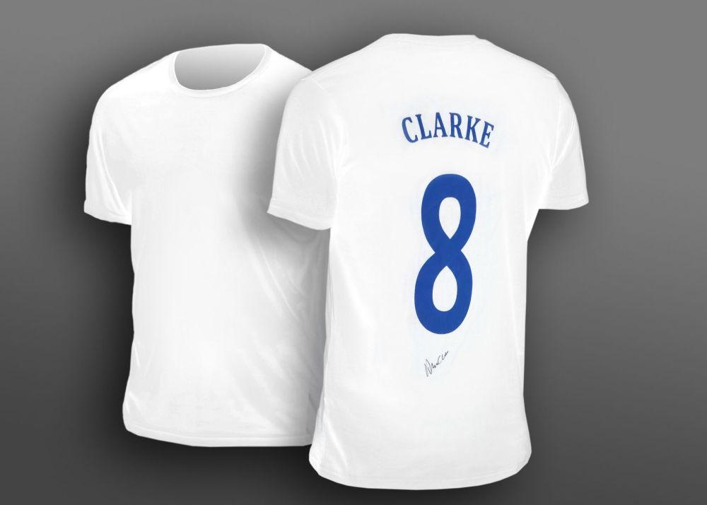 Allan Clarke Hand Signed White No 8 Player T-Shirt. Leeds Legend