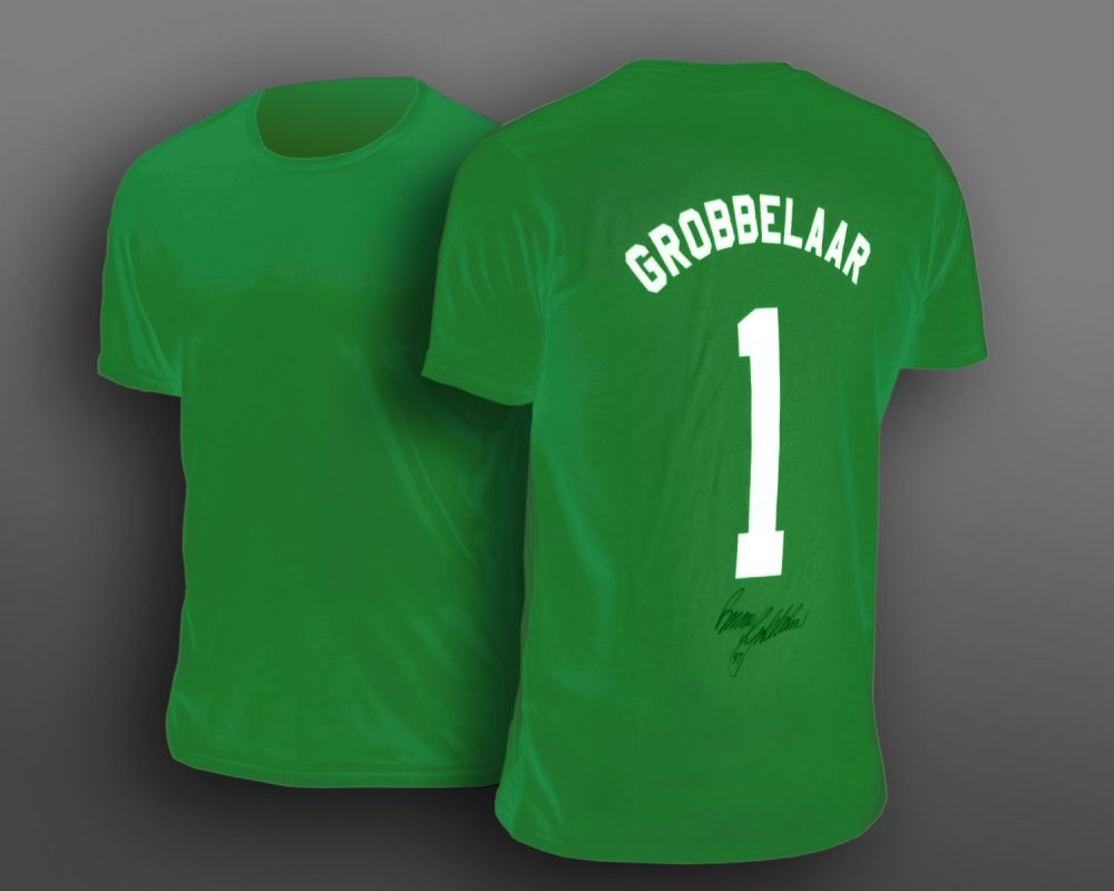 Bruce Grobbelaar Hand Signed Green No 1 Player T-Shirt.