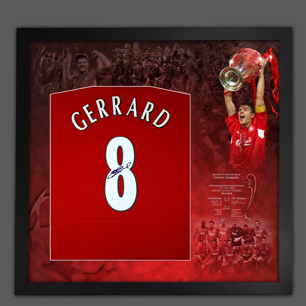 Steven Gerrard Back Signed Liverpool Fc 2005 Football Shirt Framed In a Pic