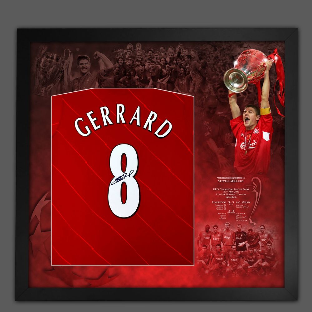 Steven Gerrard Back Signed Liverpool Fc  Football Shirt Framed In a Picture Mount Display