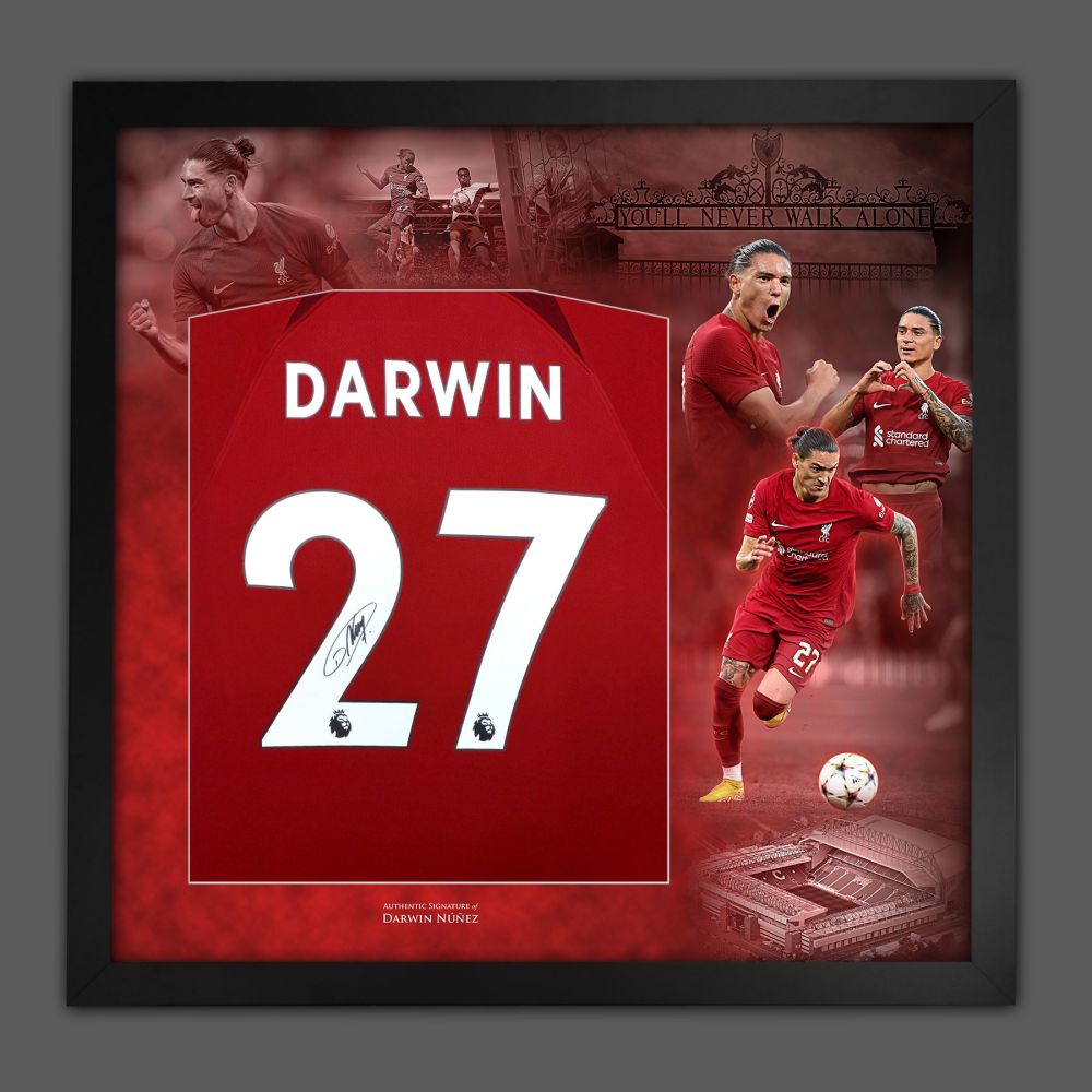 .   Darwin Nunez Signed Liverpool Football Shirt In A Framed Picture Mount 