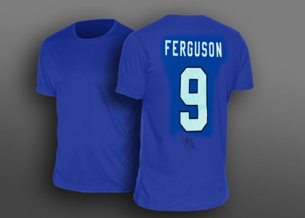 Duncan Ferguson Hand Signed Blue No 9 Player T-Shirt.