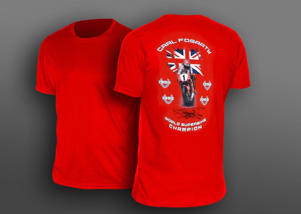 Carl Fogarty Hand Signed Red Custom Designed T-Shirt.