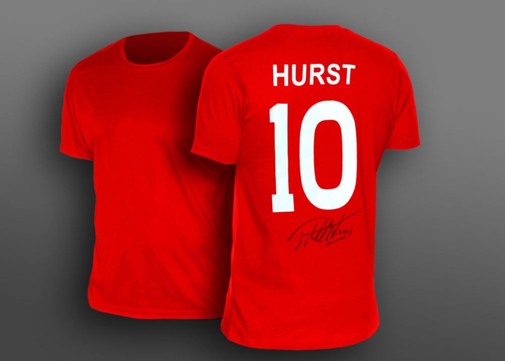 Geoff Hurst Hand Signed Red No 10 Player T-Shirt.