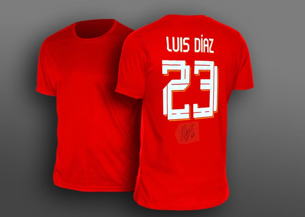 Luis Diaz Hand Signed Red No 23 Player T-Shirt. A