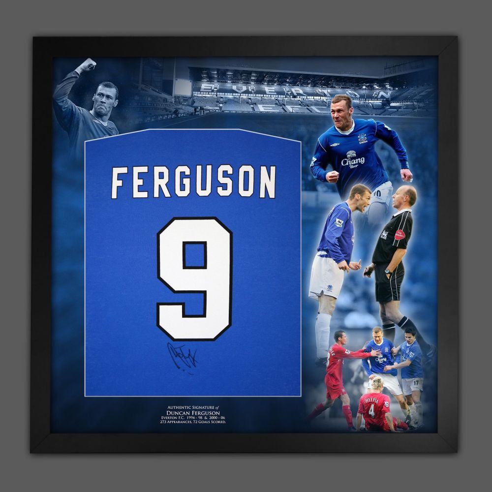 Duncan Ferguson Hand Signed And Framed Blue Player T-Shirt In A Picture Mou