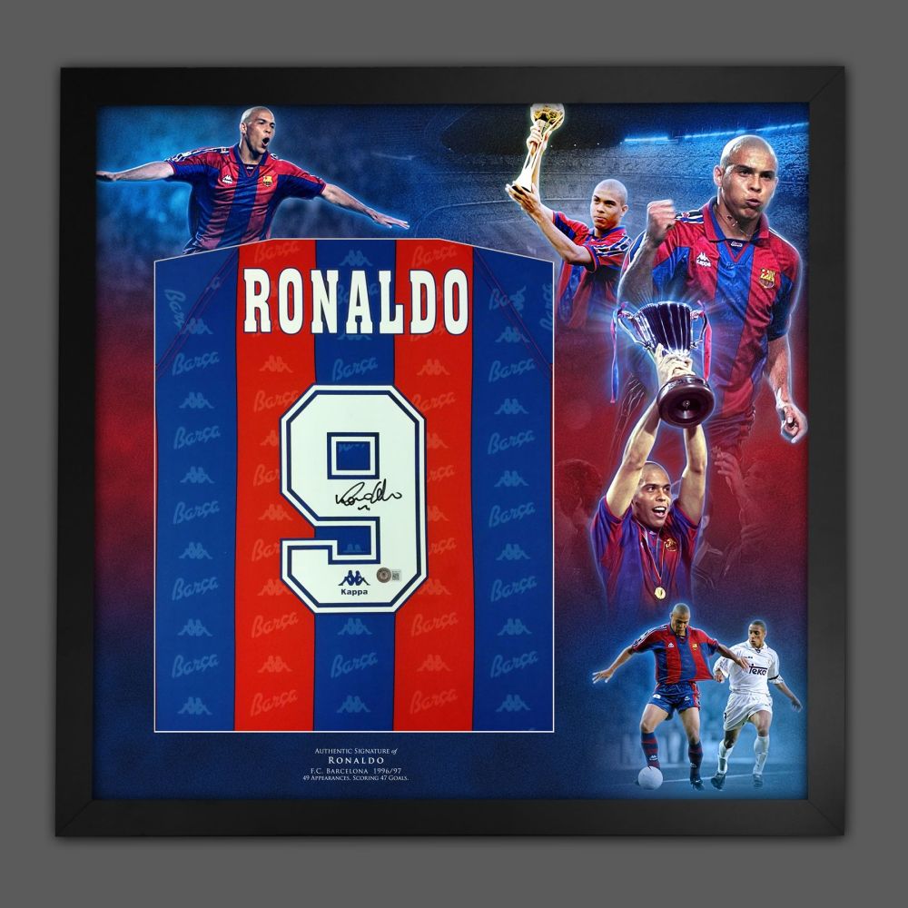 .   Ronaldo Nazario Hand Signed Barcelona Football Shirt  In A Framed Pictu