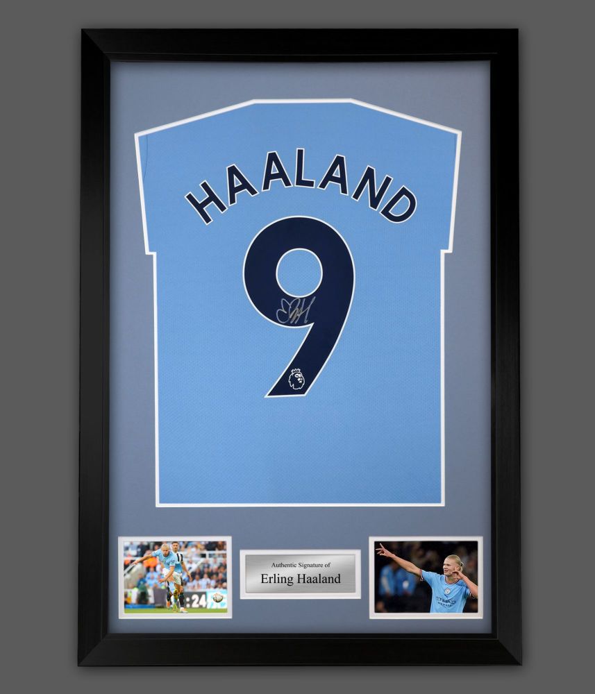 .   Erling Haaland Signed Manchester City Football Shirt In A  Framed  Pres