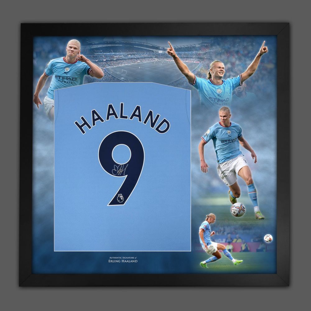 .   Erling Haaland Signed Manchester City Football Shirt In Framed Picture 