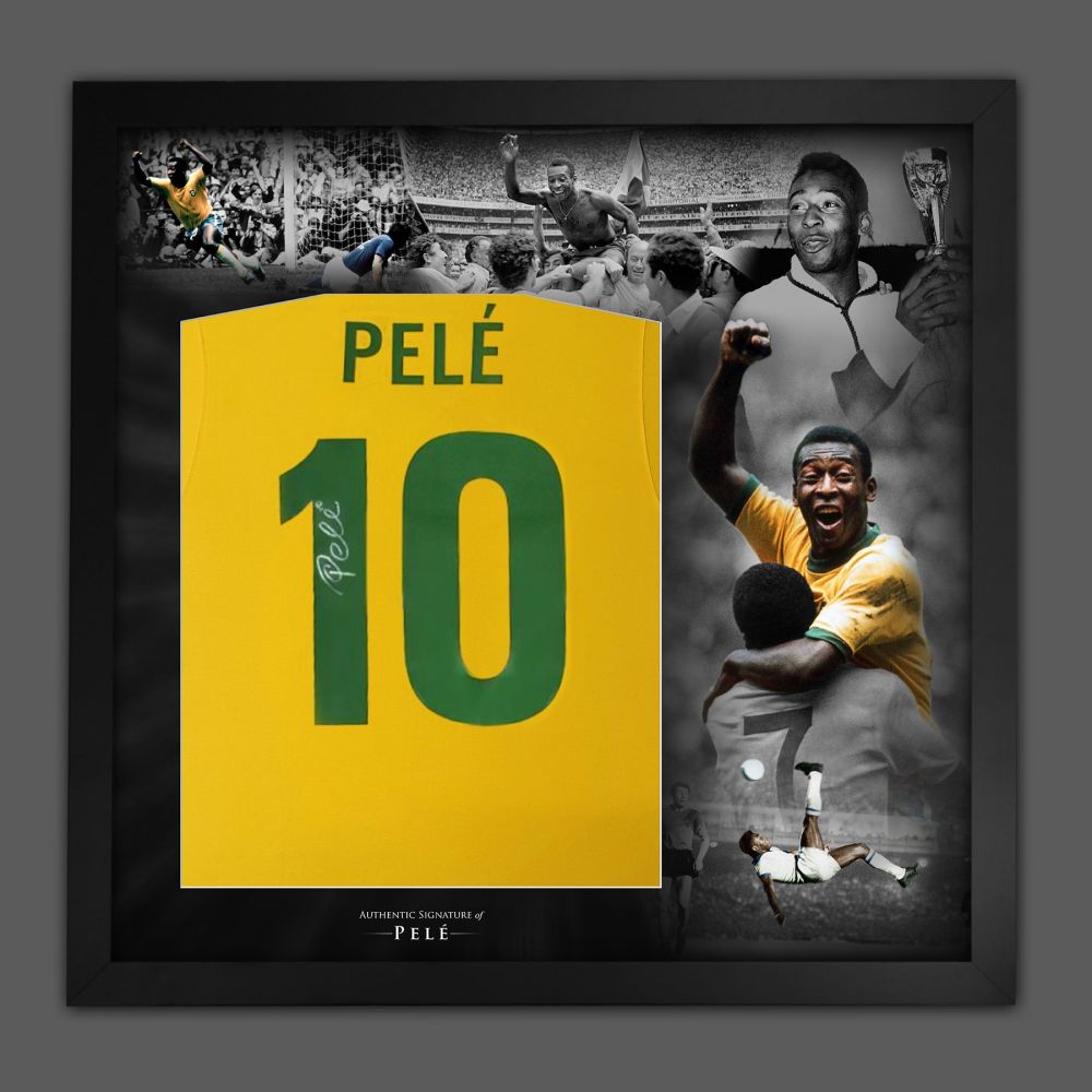 Pele Hand Signed Brazil Style 1970 Football Shirt In A  Framed Picture Moun