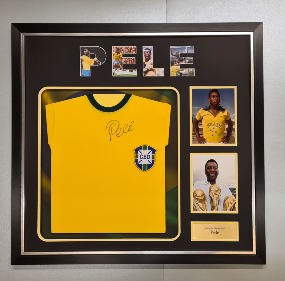 Pele Hand Signed Brazil Style 1970 Football Shirt In A LED Framed Display