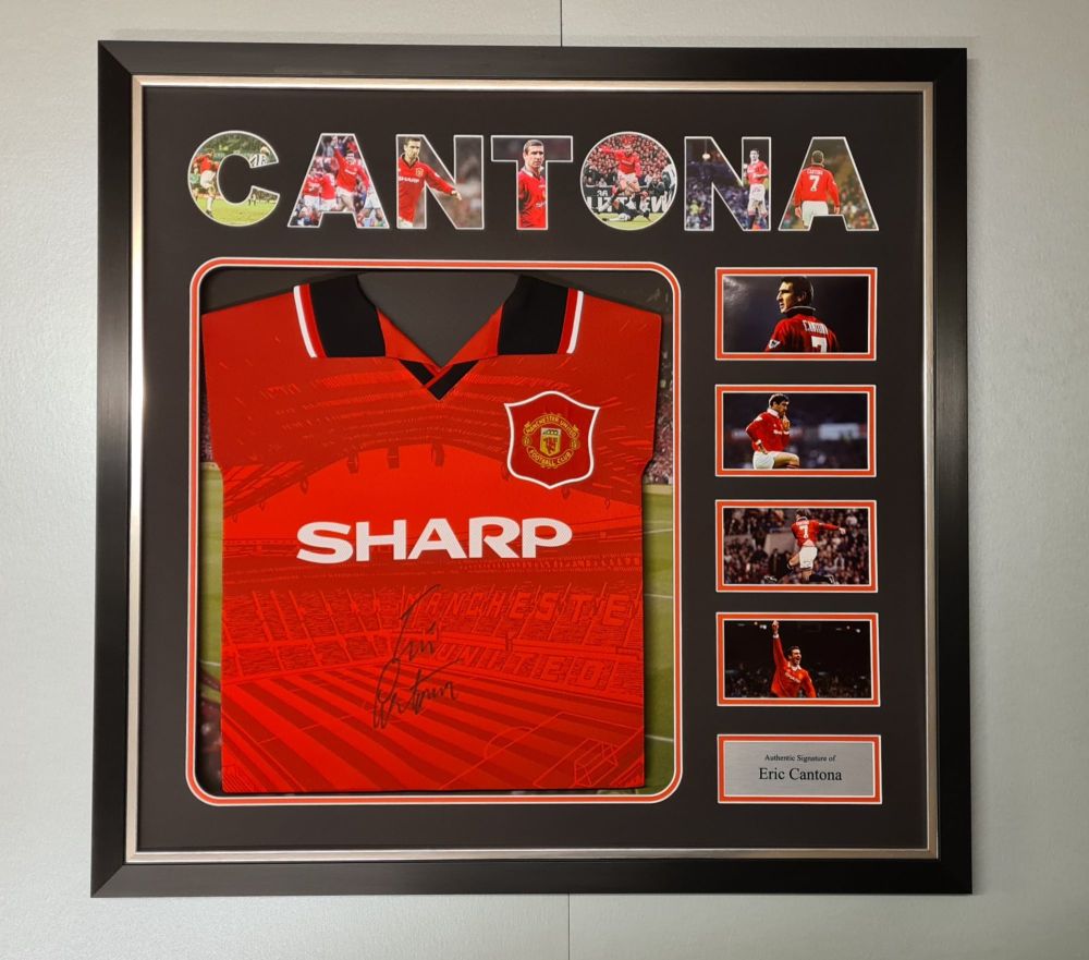 Eric Cantona Signed 94/96 Manchester United Football Shirt In A LED Ligh