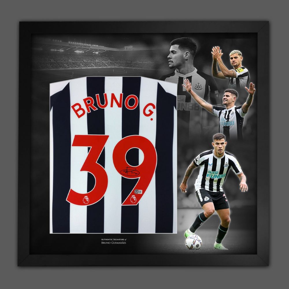 .   Bruno Guimaraes Signed Newcastle United Football Shirt In Framed Pictur