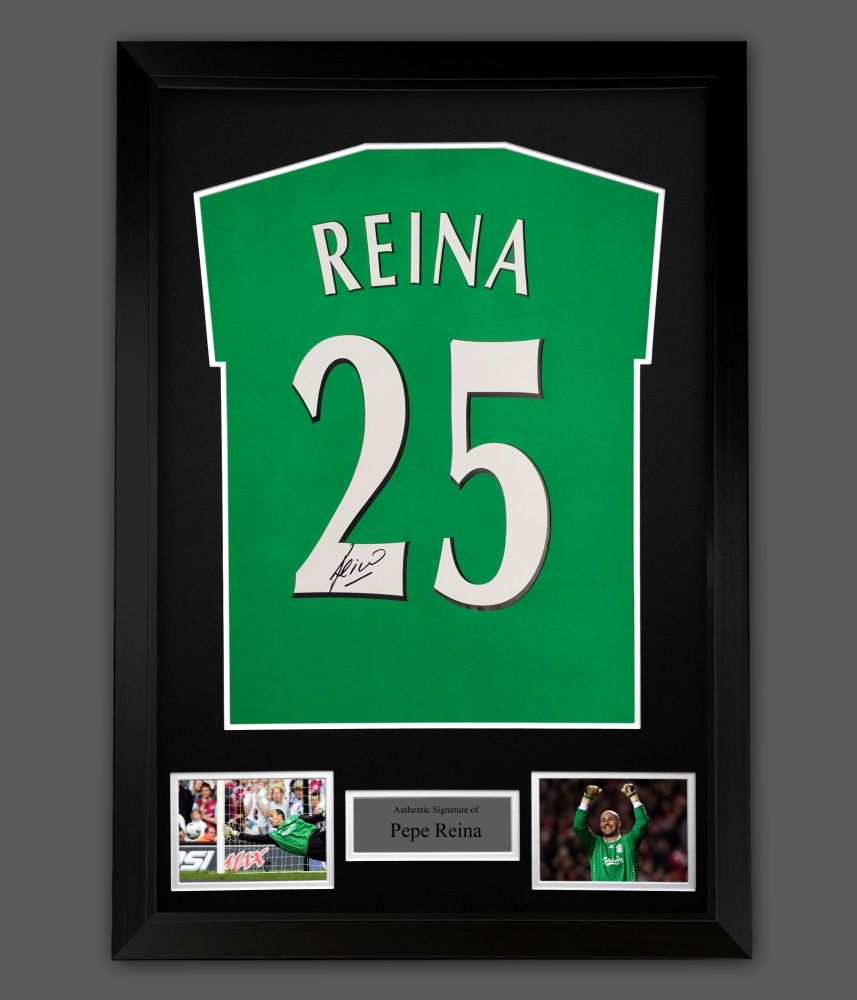 .   Pepe Reina Hand Signed Green No 1 Player T-Shirt In A Framed Presentati