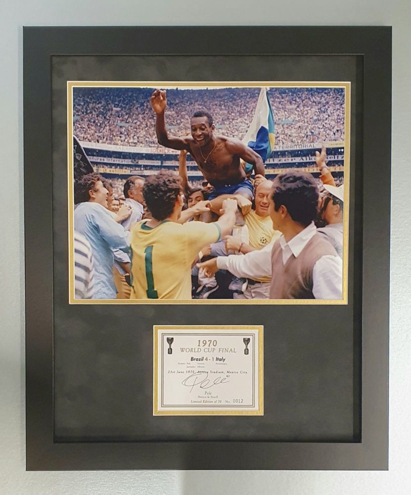 .    Pele Signed 1970 Champagne Label Framed In Suedette Display.