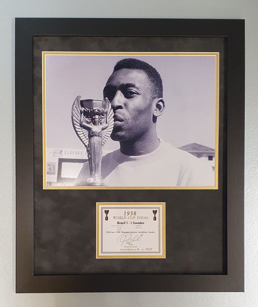 .    Pele Signed 1958 Champagne Label Framed In Suedette Display.