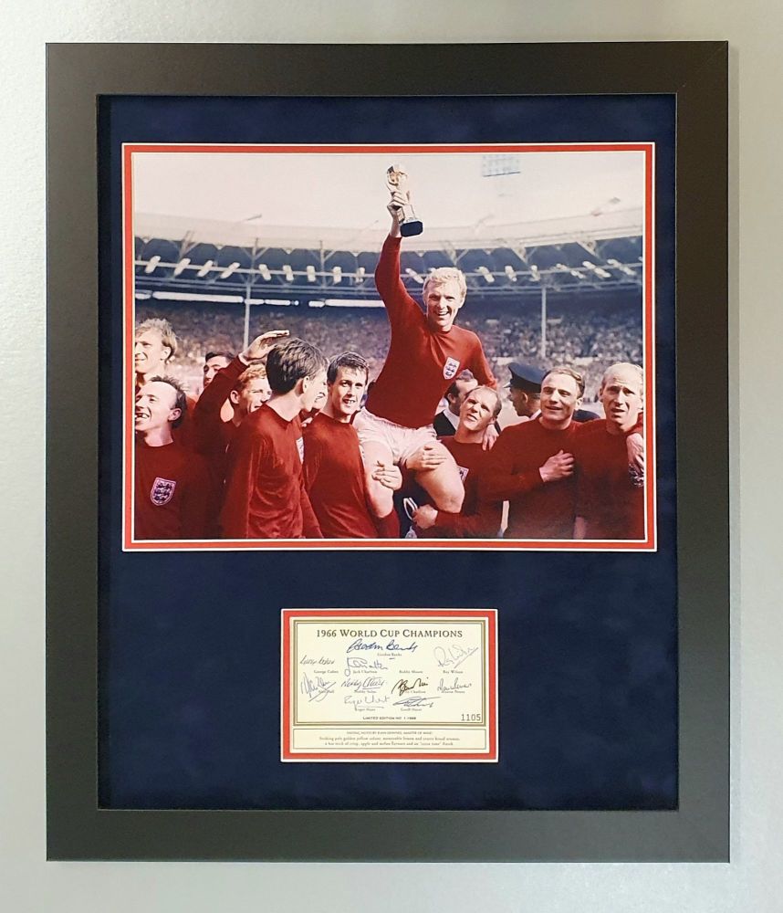 .    England 1966 Signed By 10 Champagne Label Framed In Suedette Display.