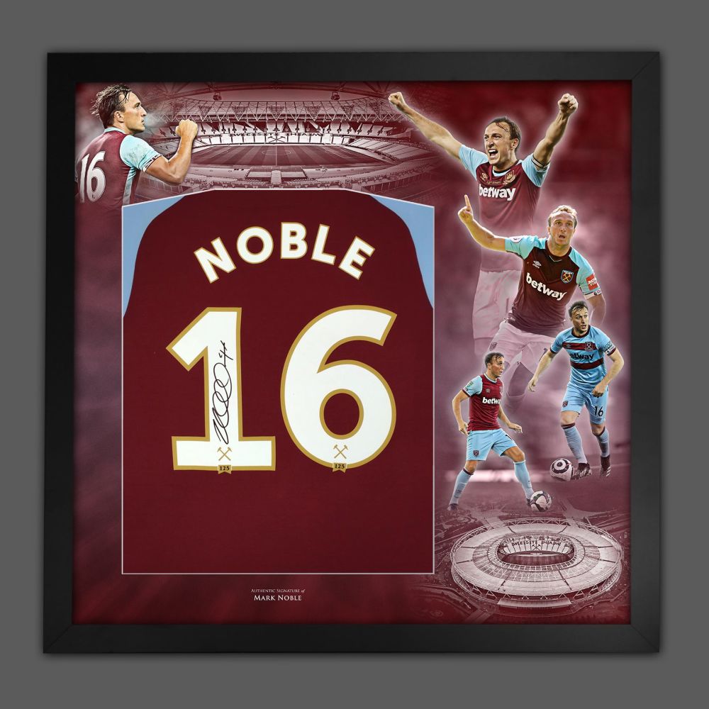 .   Mark Noble Signed Away Ham United Football Shirt In Framed Picture Moun