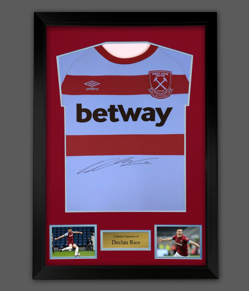 .    Declan Rice Signed West Ham United Away  Football Shirt In A Framed Pr