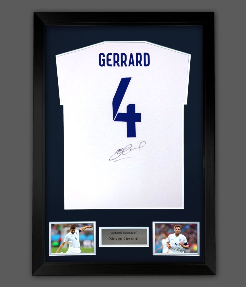 .    Steven Gerrard Hand Signed white No 4 Player T-Shirt In A Framed Prese