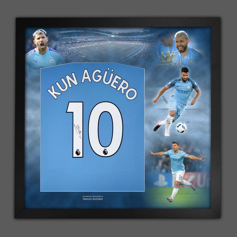 .  Sergio Kun Aguero Signed Manchester City Football Shirt In Framed Picture Mount Presentation