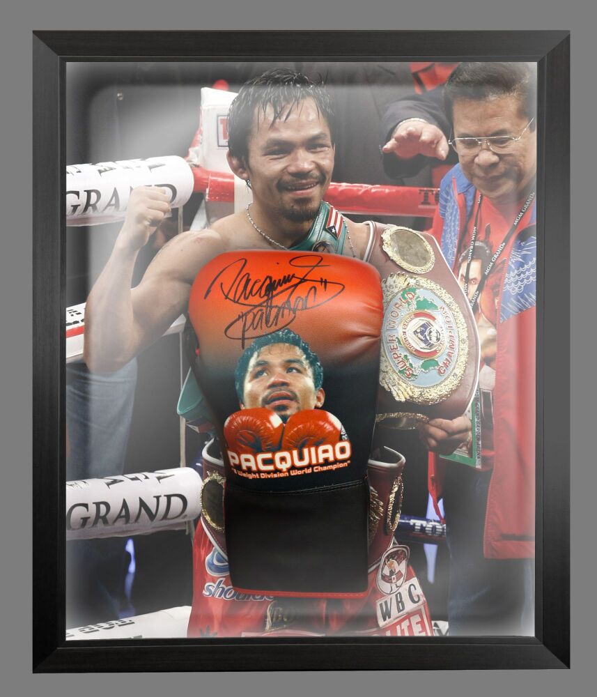 Manny Pacquiao Signed Picture Boxing Glove Presented In A Dome Frame