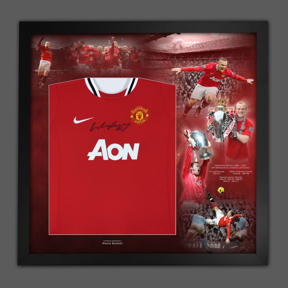 Wayne Rooney Signed AON Manchester United Football Shirt In A Framed In A Picture Mount Display