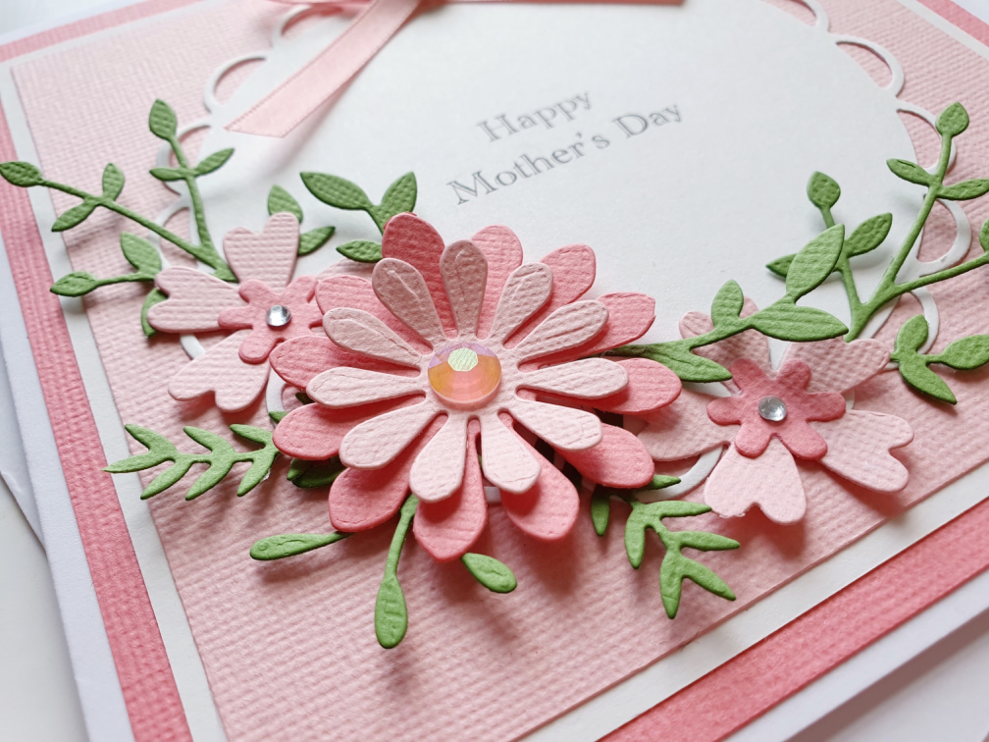 Handmade Floral Mother's Day Card with flowers and gems