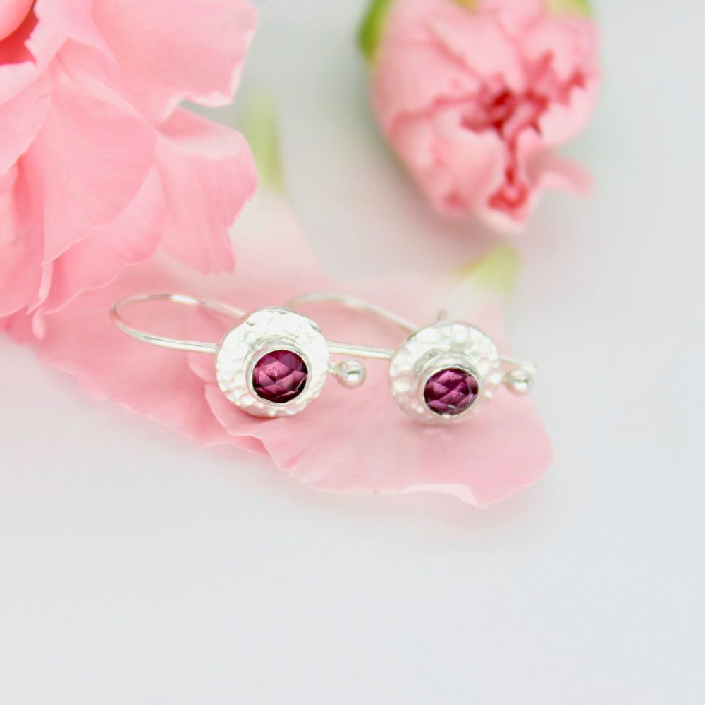 Silver Drop Earrings with Rose Cut Rhodolite Garnets