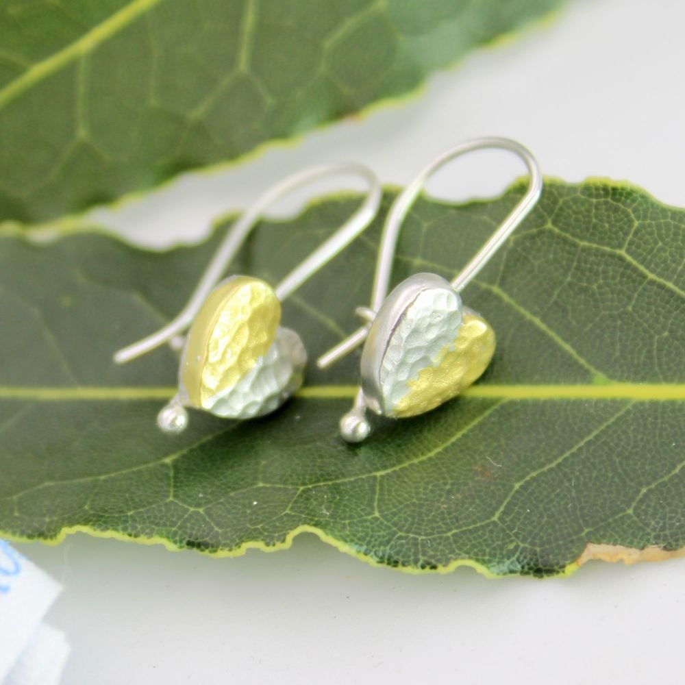 Hammered Heart Drop Earrings with 24ct Gold Accent