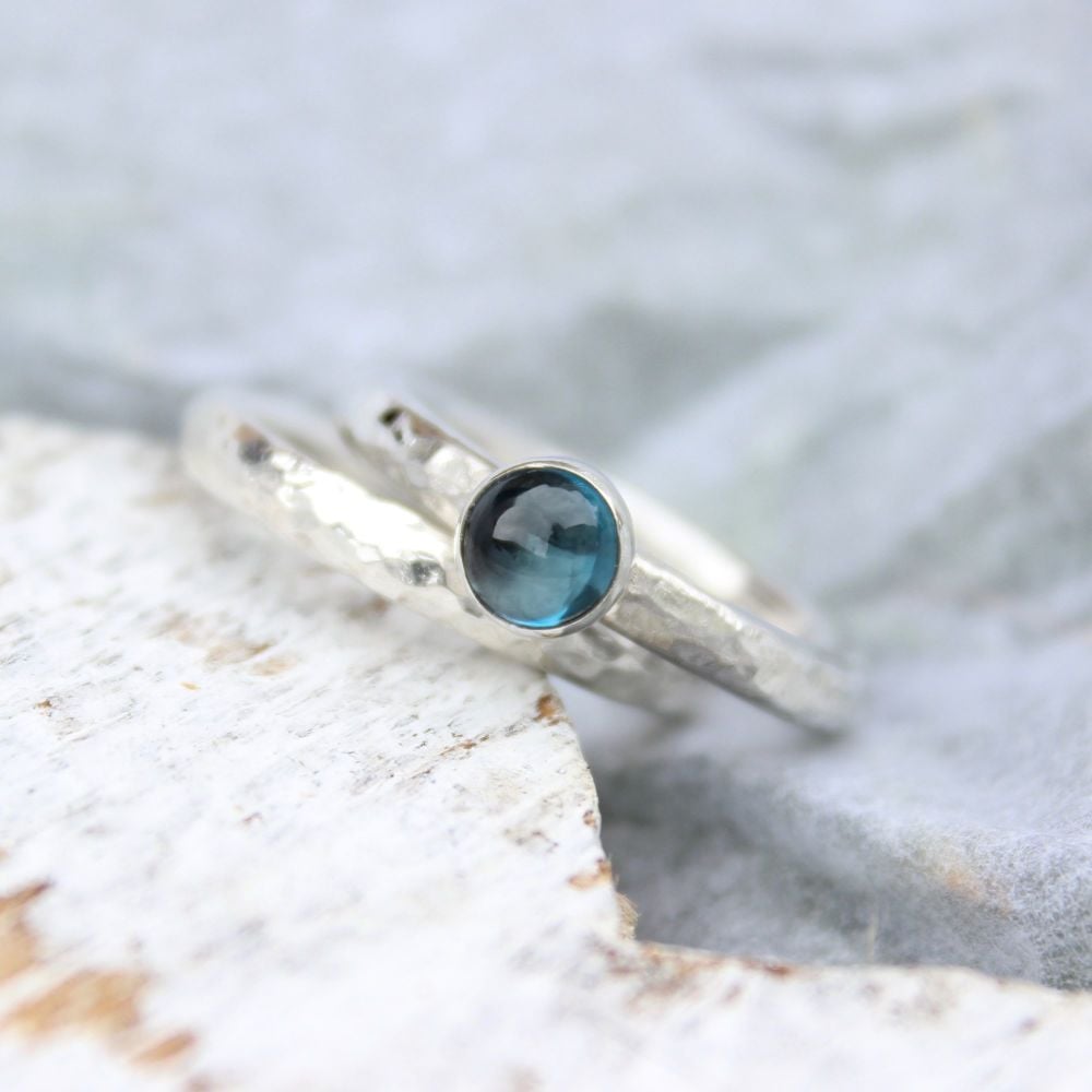 London Blue Topaz Stacking Ring with 3mm Hammered Silver Band