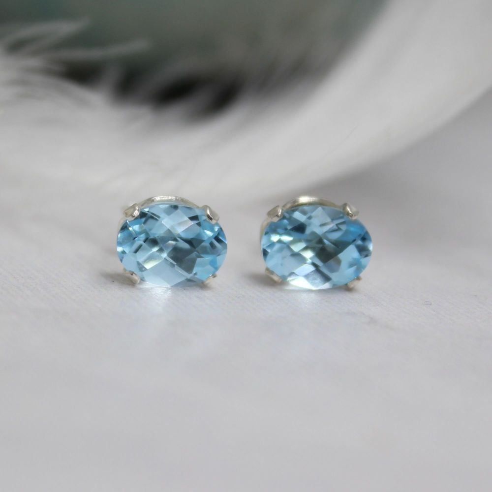 Topaz Sky Blue Oval Studs - Checkerboard Cut