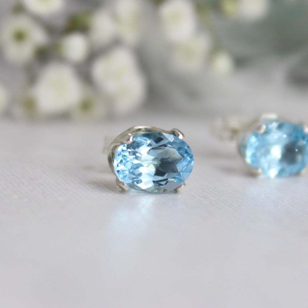 Topaz Sky Blue Oval Studs - Faceted