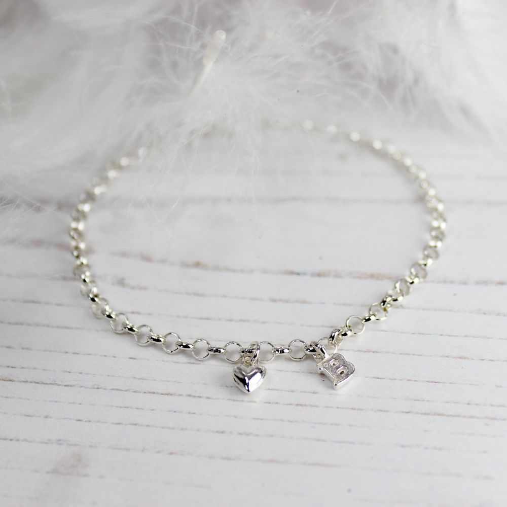 Puffed Heart Charm & Initial Bracelet - personalised