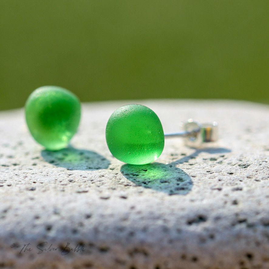 Stud Earrings - Apple Green Sea Glass