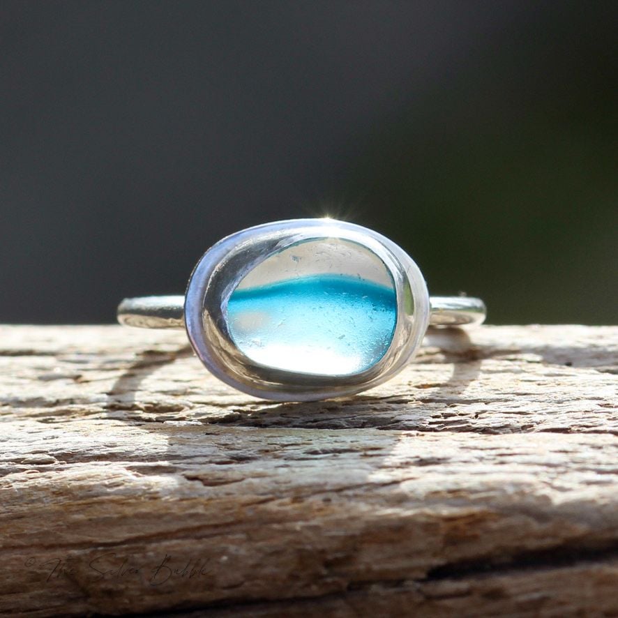 Sea Glass Ring - Turquoise and Clear - size M