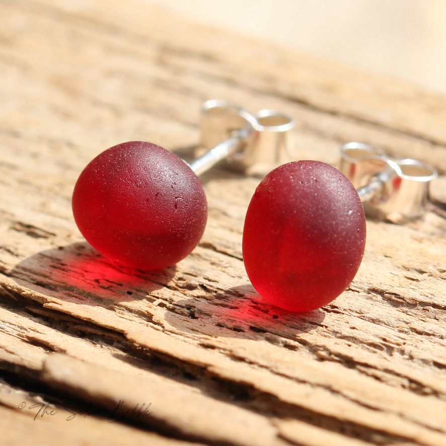 Stud Earrings - Ruby Red Sea Glass - extremely rare