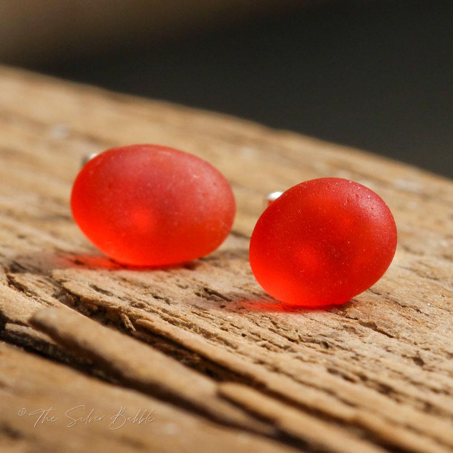 Stud Earrings - Orange Sea Glass - extremely rare