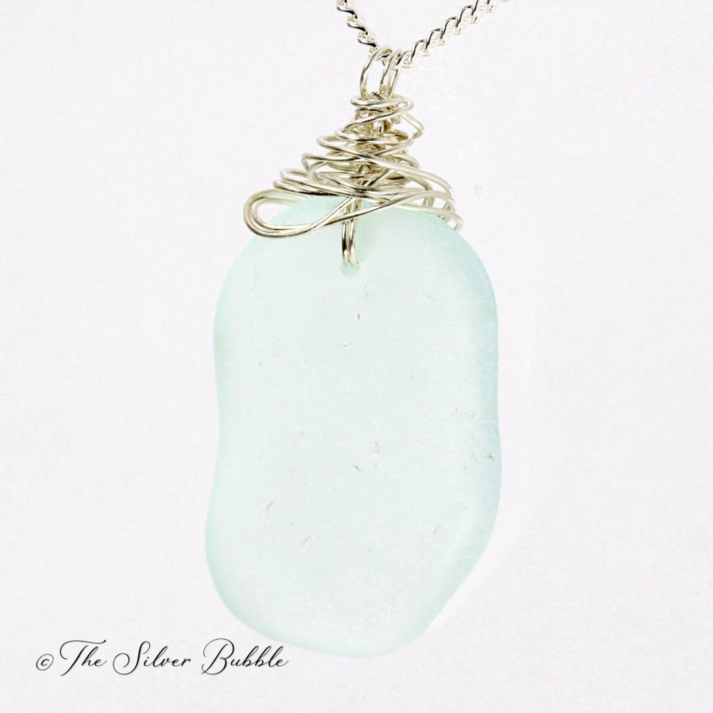 Necklace - Wire Wrapped Sea Glass - Aqua