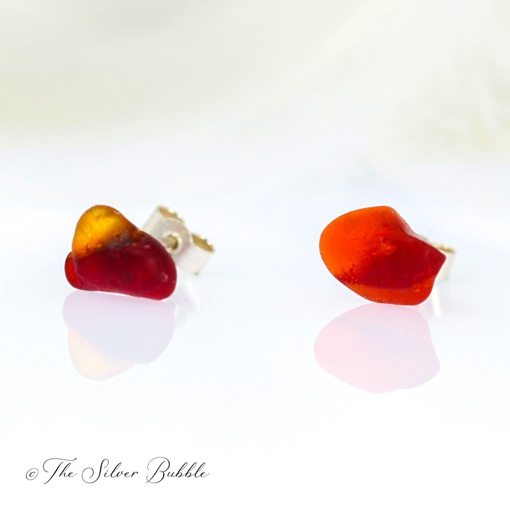 Stud Earrings - Ruby Red/Orange Sea Glass - extremely rare