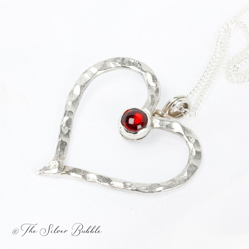 Hammered Heart Necklace with Garnet