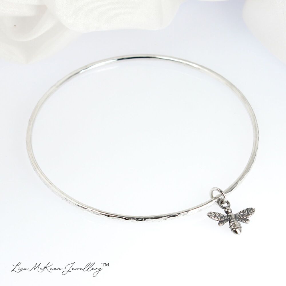 Sterling Silver Hammered Bee Bangle