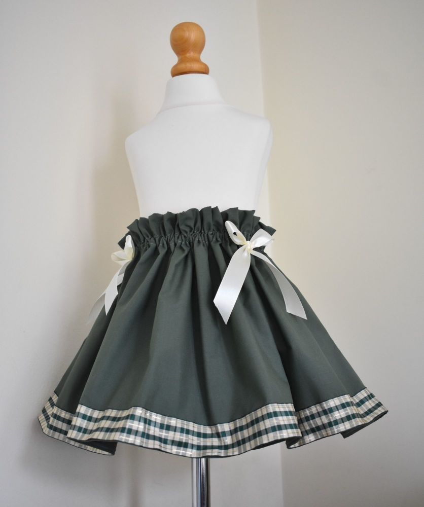 KHAKI & CREAM TARTAN TRIM TWIRLY SKIRT