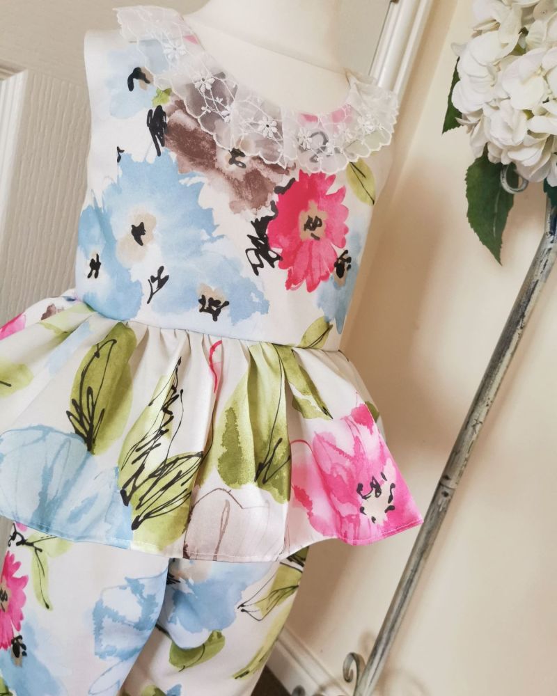 5/6Y - WATERCOLOUR FLORAL SATIN PEPLUM TROUSER SET